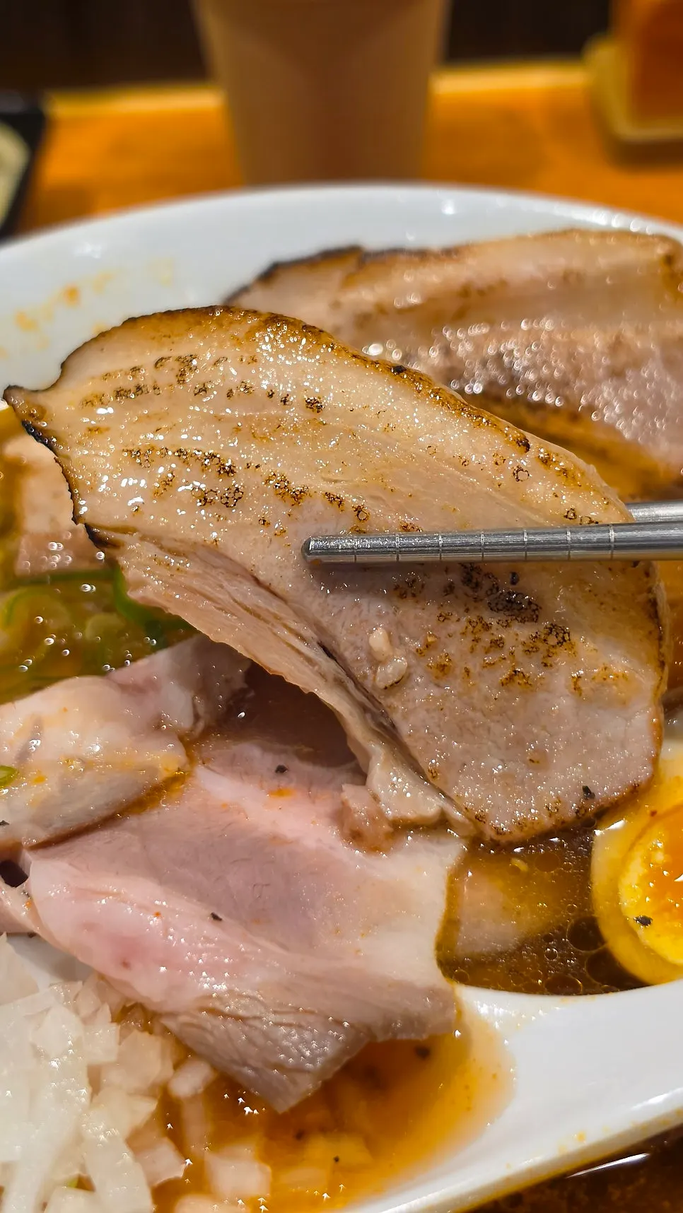 Soft-boiled tamago egg on top of the ramen