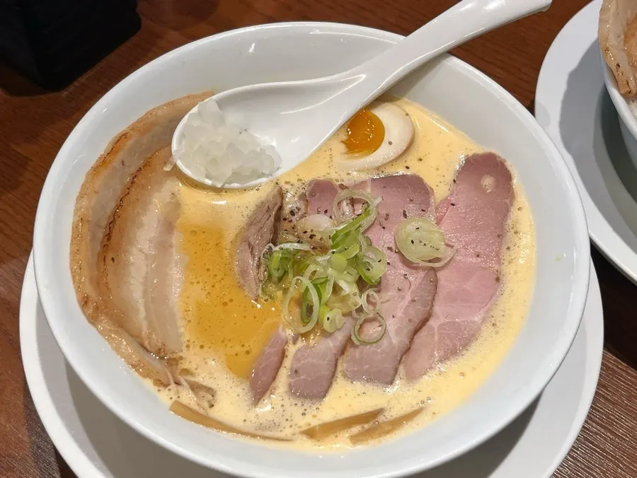 Basic tori paitan topped with pork belly chashu and soft-boiled egg