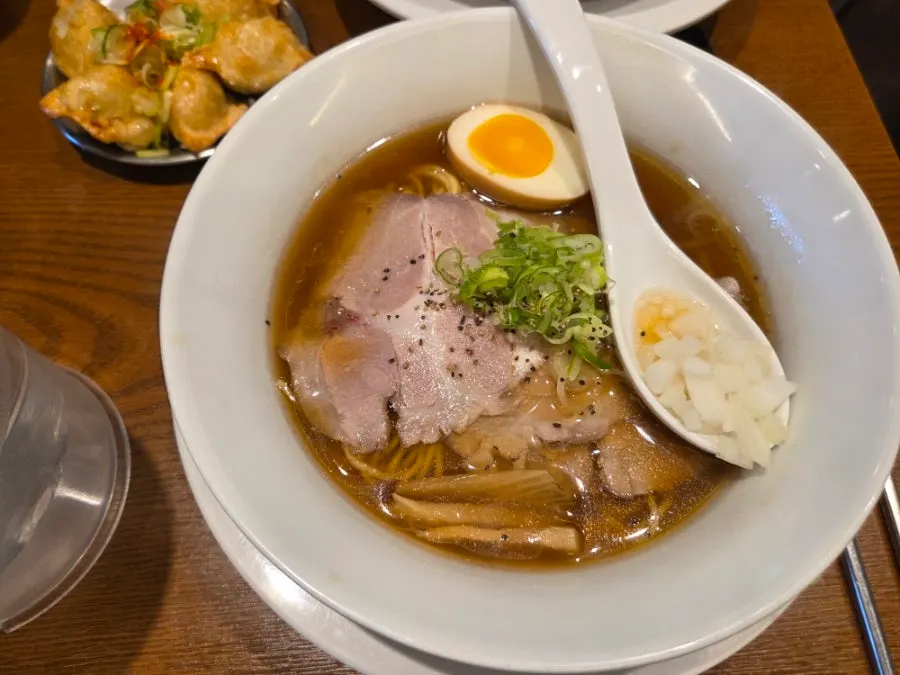 Close-up of shio ramen made with chicken broth
