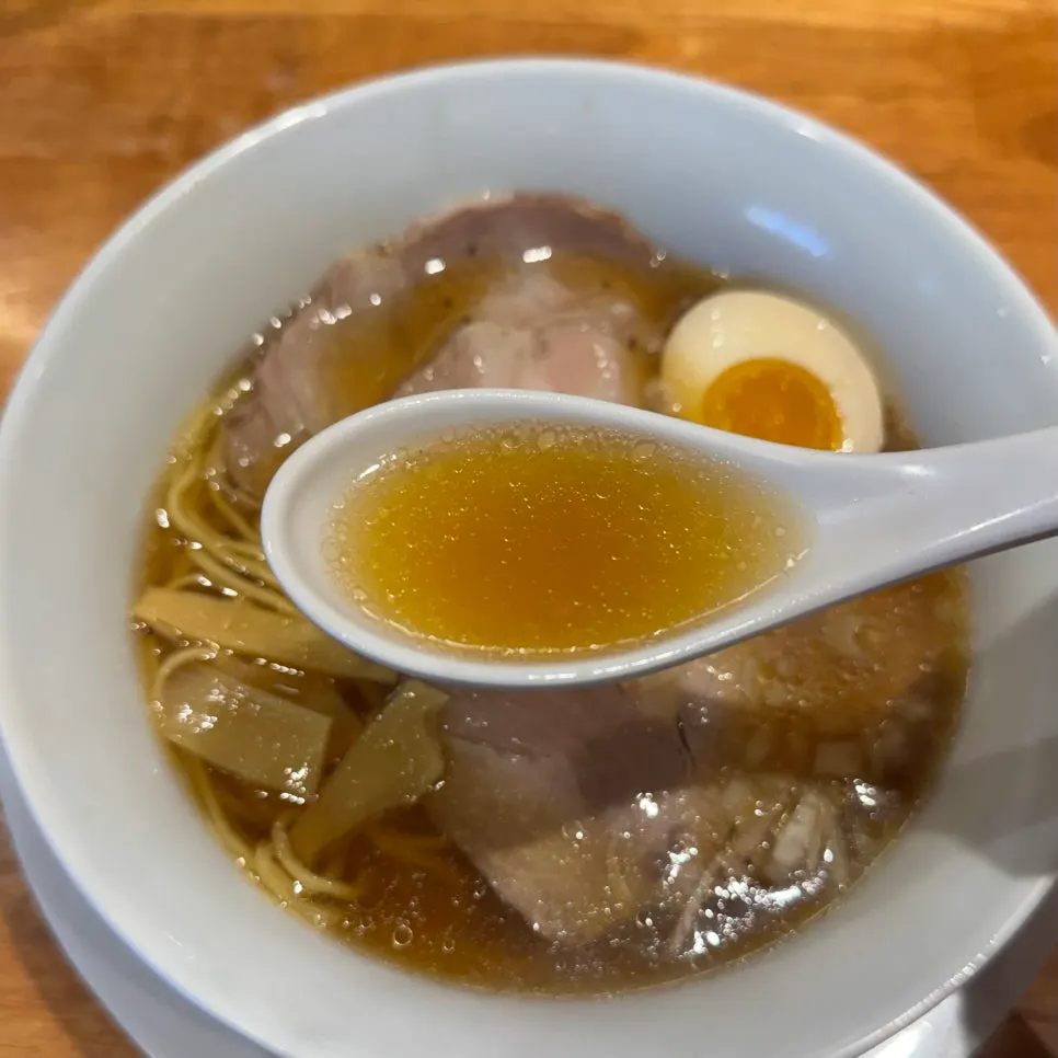 Spoonful of shoyu ramen broth