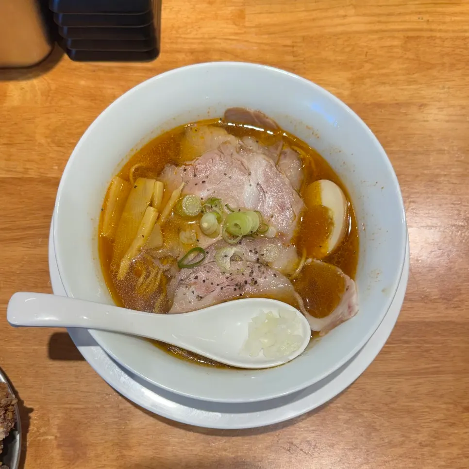 Red broth of the spicy shoyu ramen