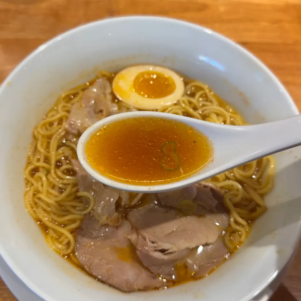 Close-up of the spicy shoyu ramen broth