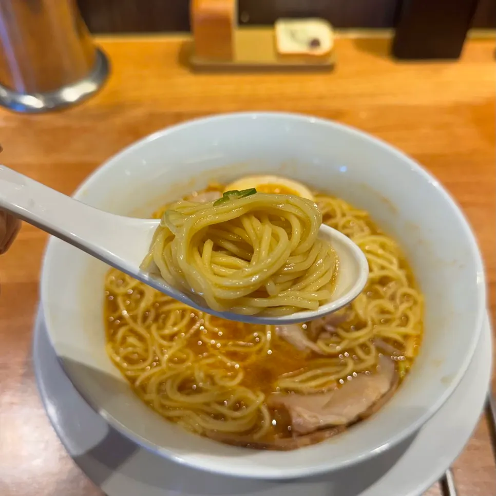 Noodles and toppings in the spicy shoyu ramen