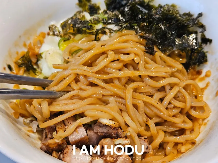 Close-up of abura soba noodles and toppings