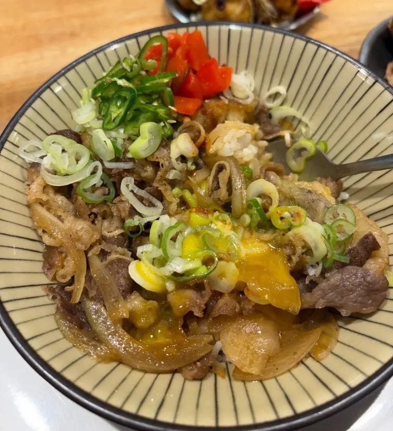 Beef belly gyudon topped with egg