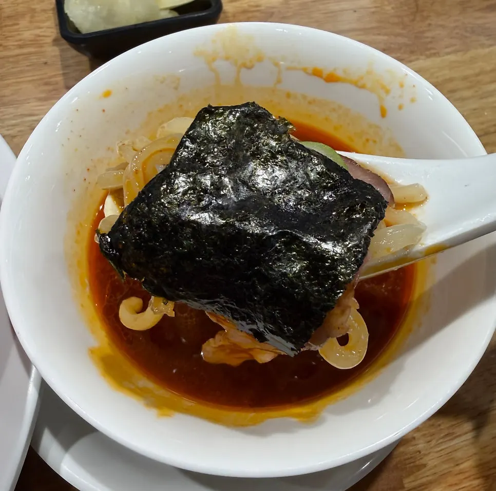 Thick tsukemen noodles dipped in sauce