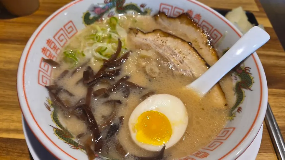 Rich tonkotsu broth and noodles