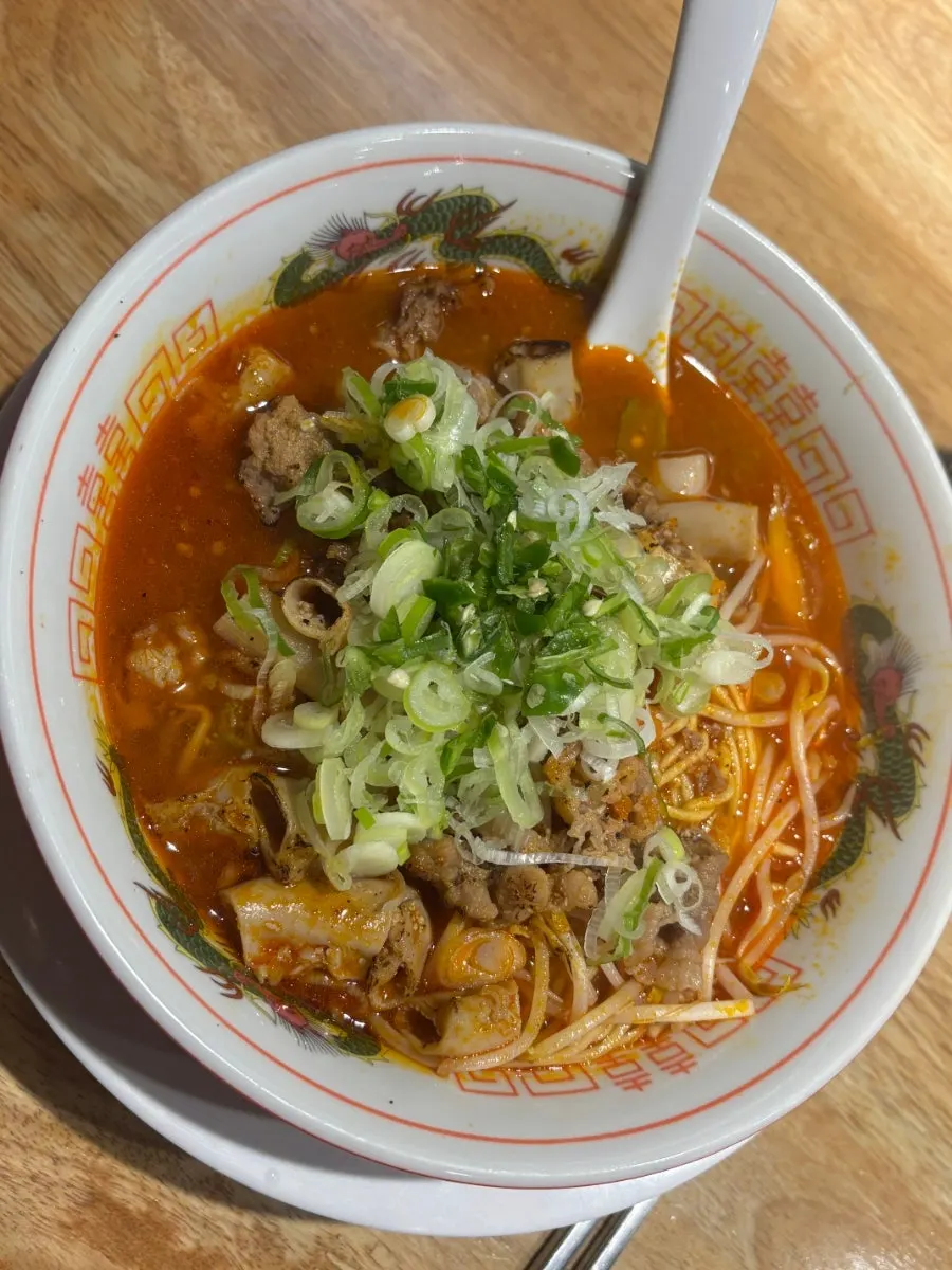 Close-up of freshly served motsu ramen