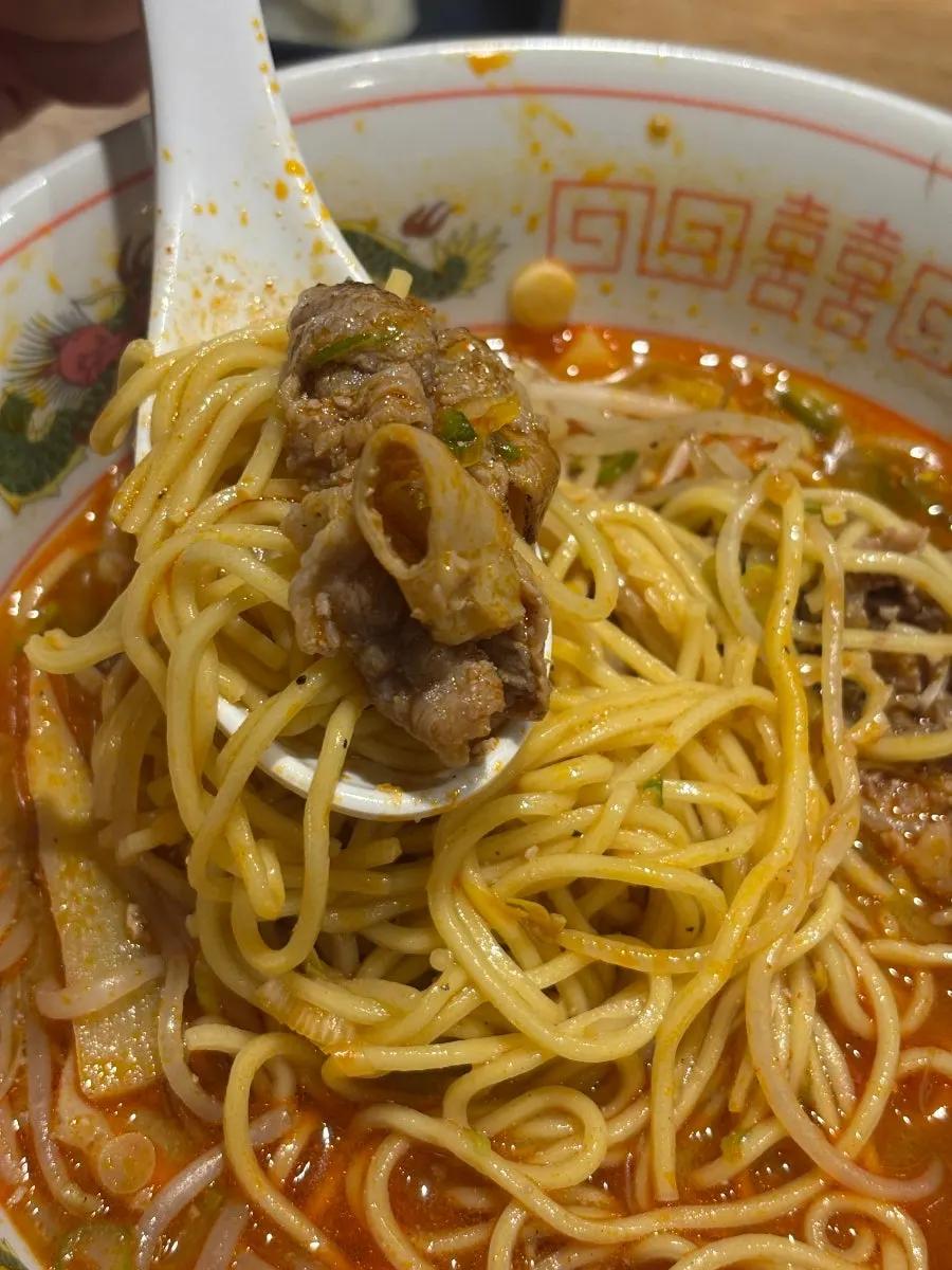A spoonful of the rich motsu ramen broth