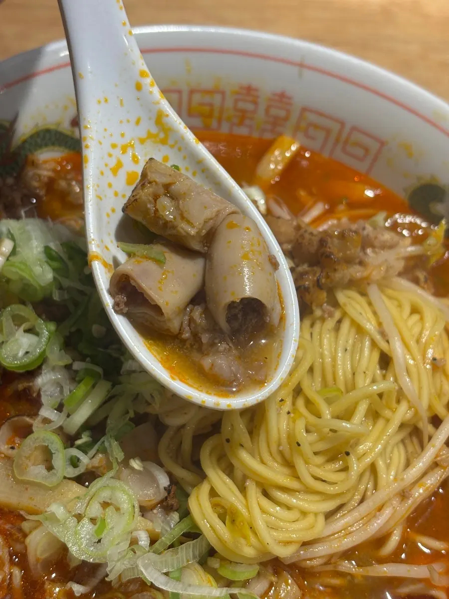 Beef tripe topping piled onto the motsu ramen