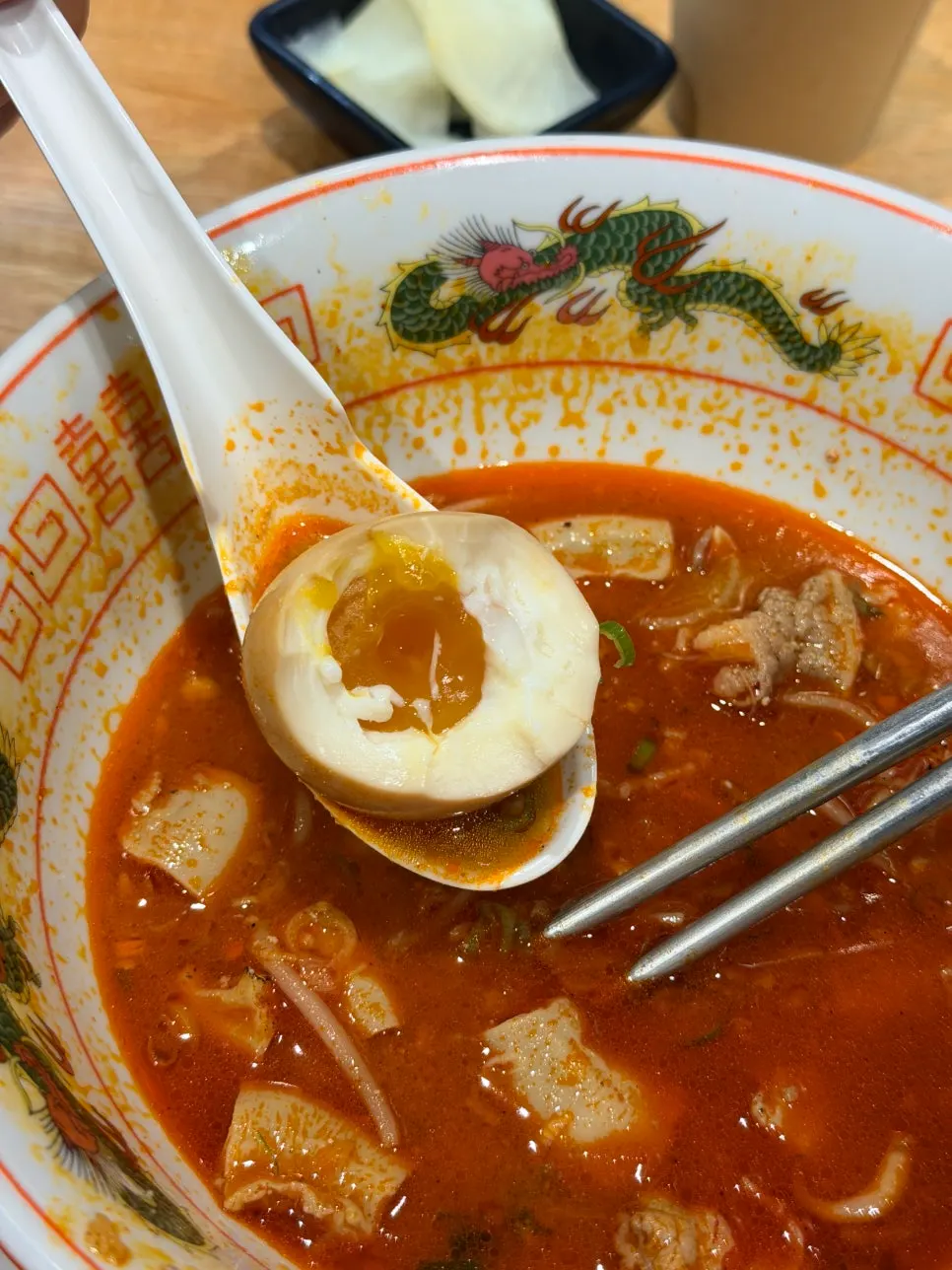 Cross-section of the soft-boiled egg in motsu ramen