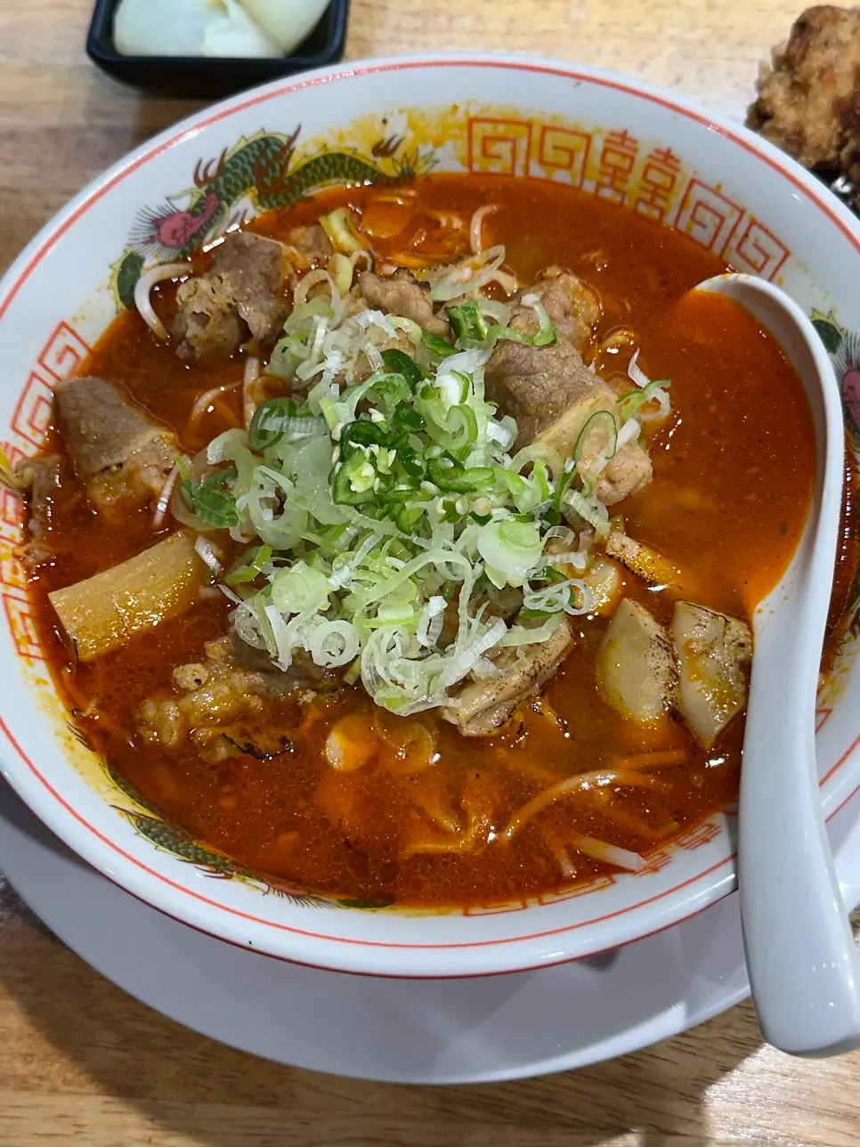 Close-up of noodles lifted from the motsu ramen