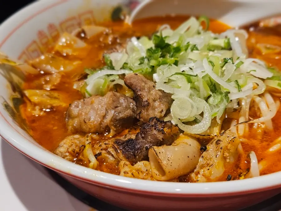 A bowl of Mentsuru's motsu ramen, beef intestine ramen