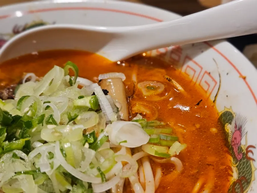 Close-up of the red broth motsu ramen