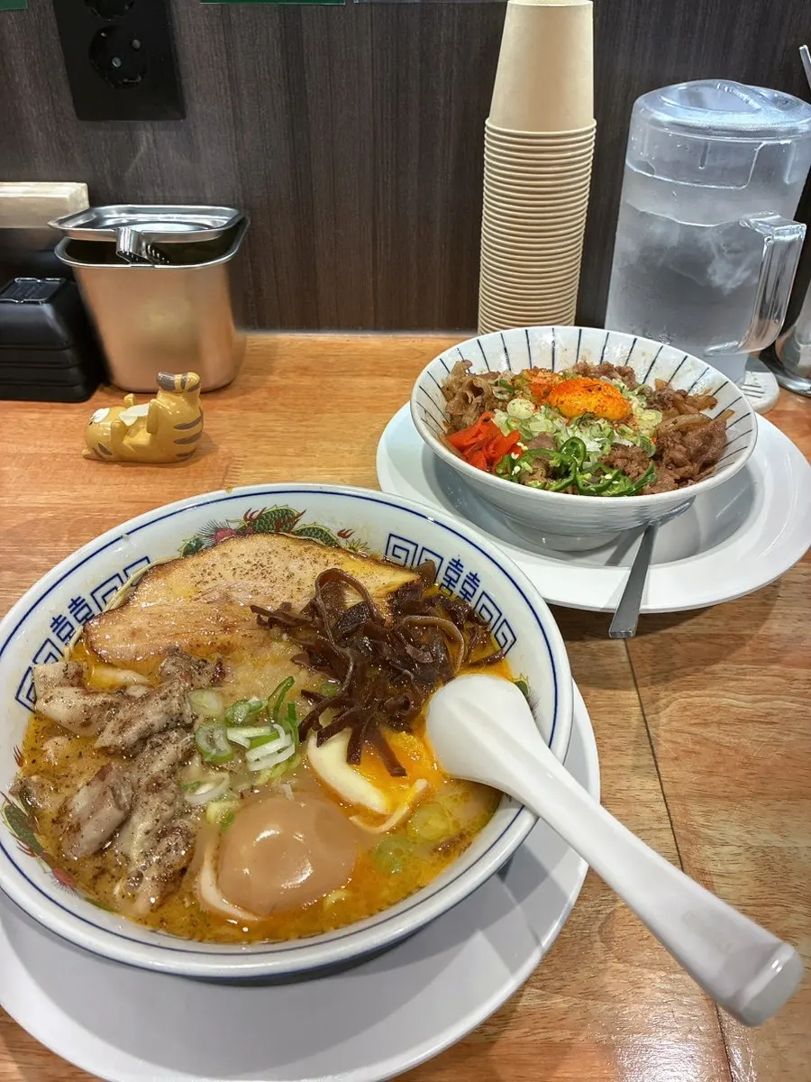 Motsu tonkotsu ramen and gyudon set on the bar table