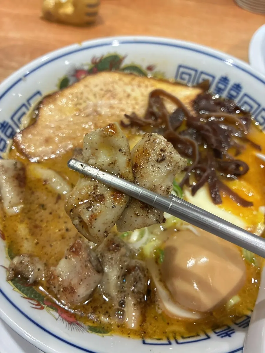 Close-up of motsu tonkotsu ramen toppings