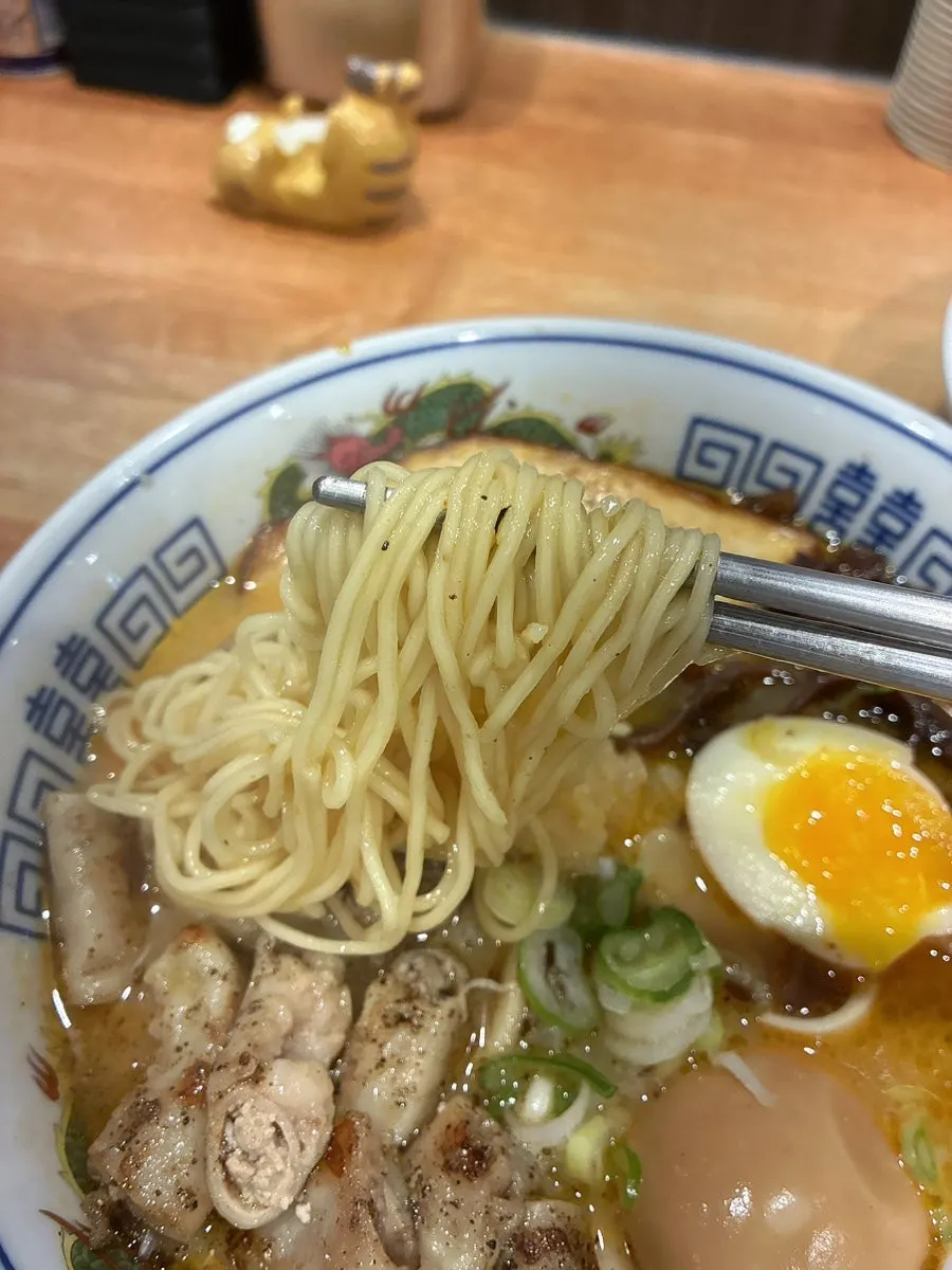 Broth and noodles in the motsu tonkotsu ramen