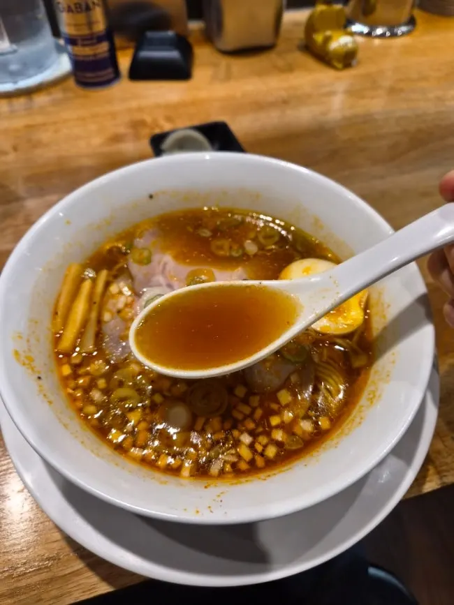 Ramen toppings of chashu, egg, green onion, and menma