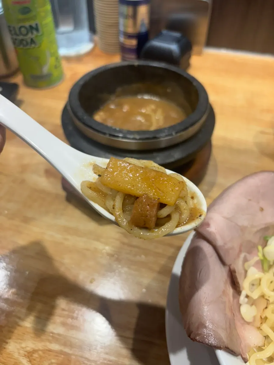 Close-up of tsukemen noodles and toppings