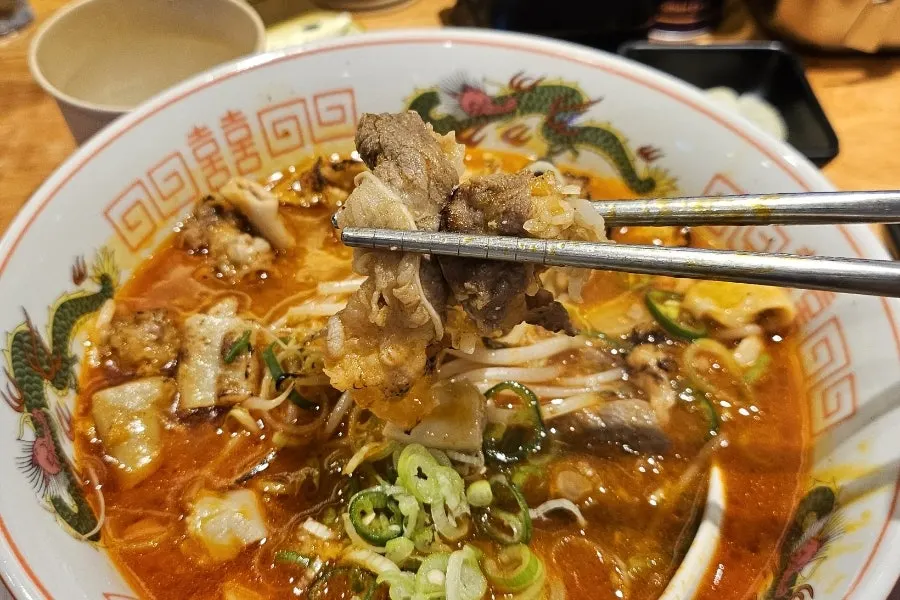 Motsu ramen toppings showing beef intestine and brisket