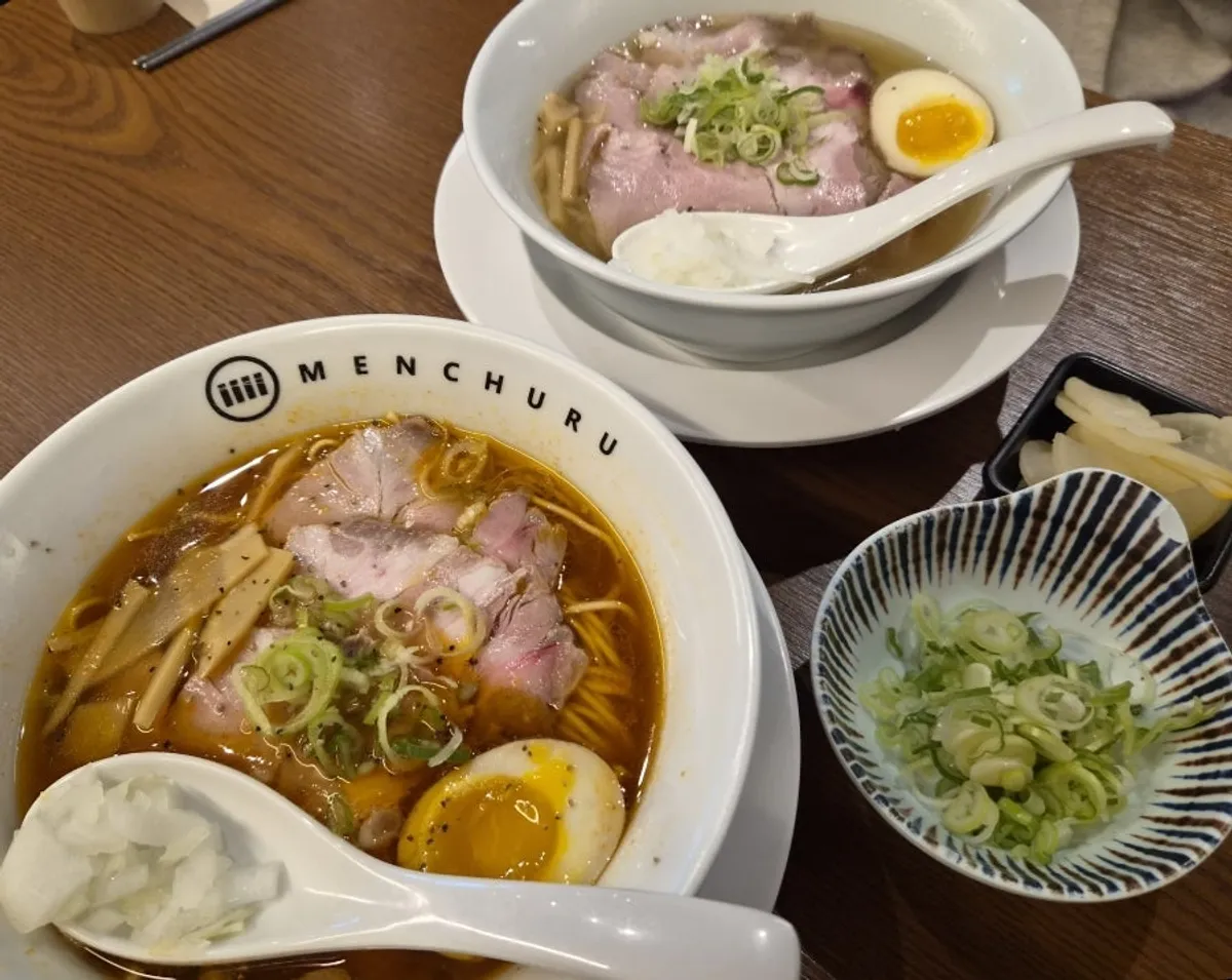 Two bowls of Mentsuru's spicy shoyu ramen and shio ramen