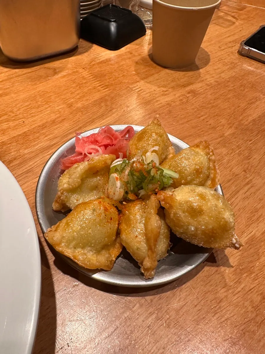 Gyoza dumplings on a plate with soy sauce underneath