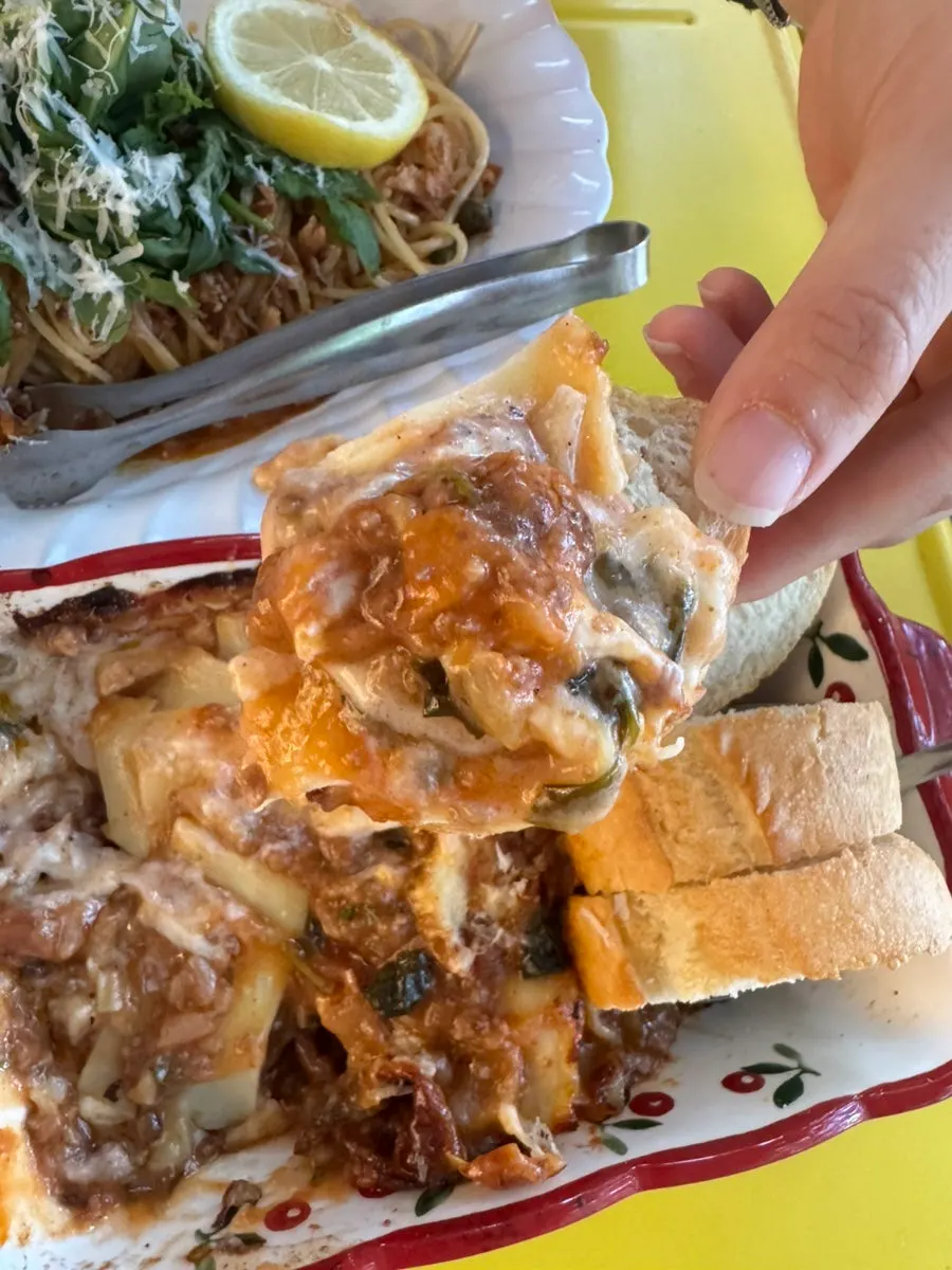 Cheese-loaded Grandma's Lasagna with baguette