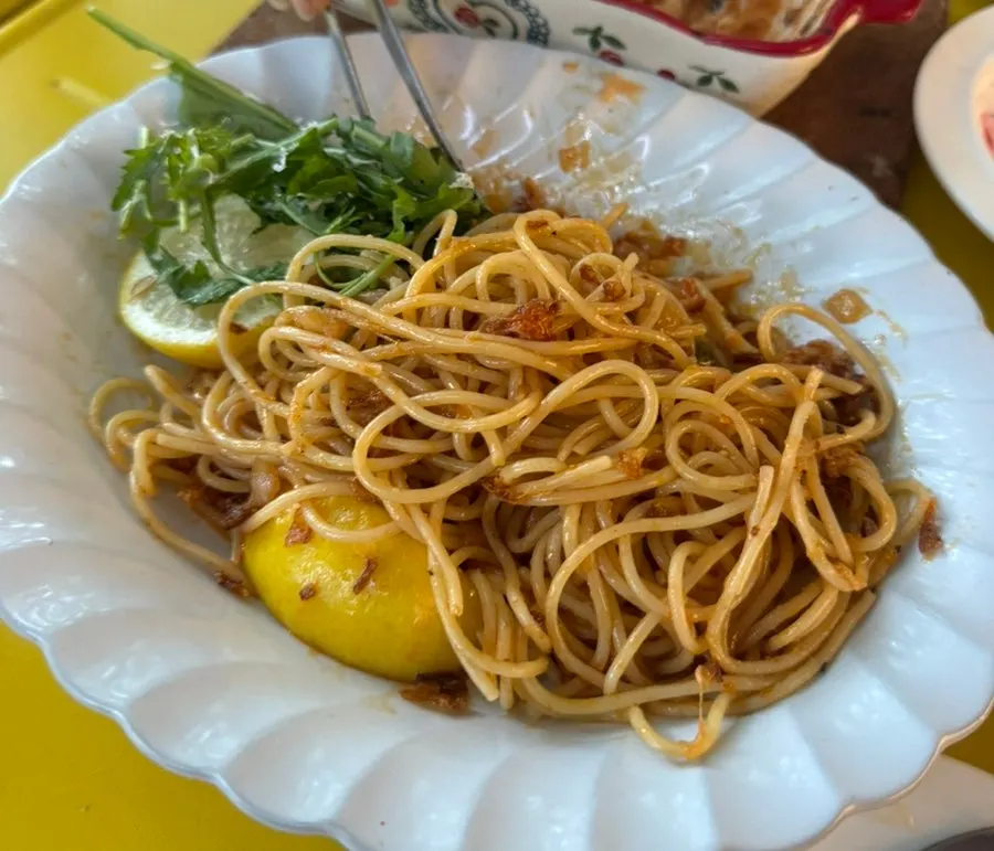 Plate of spicy lemon anchovy pasta