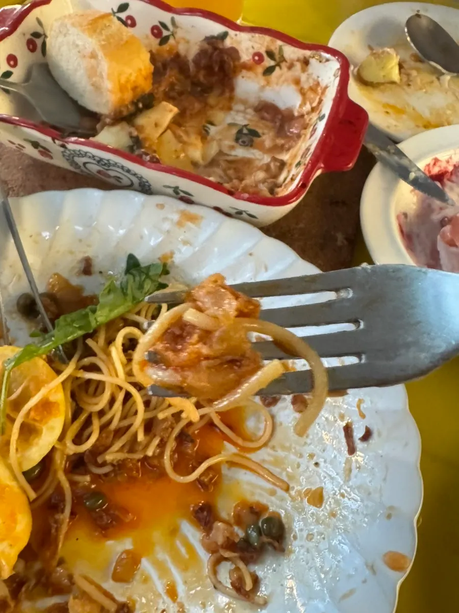 Close-up of anchovy pasta noodles and sauce