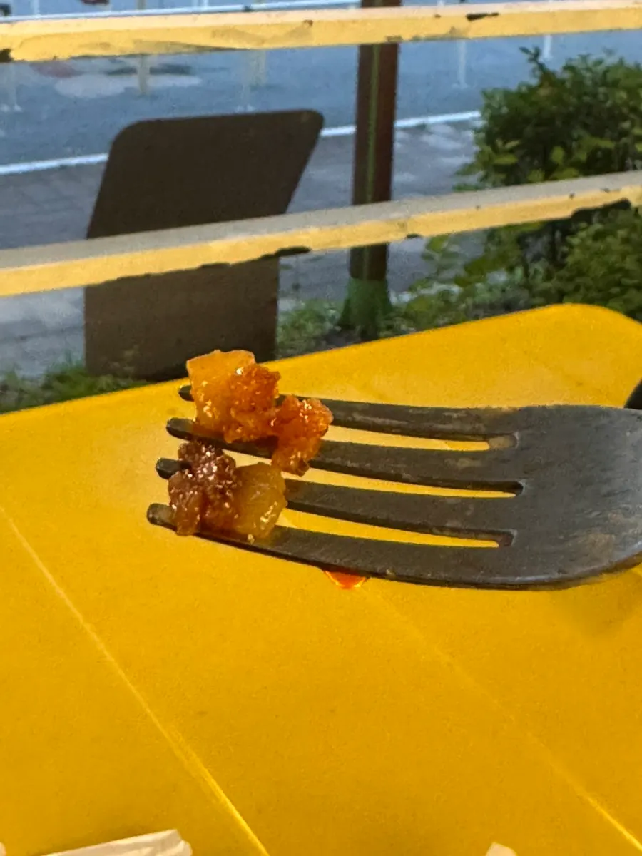 Forkful of anchovy pasta lifted up