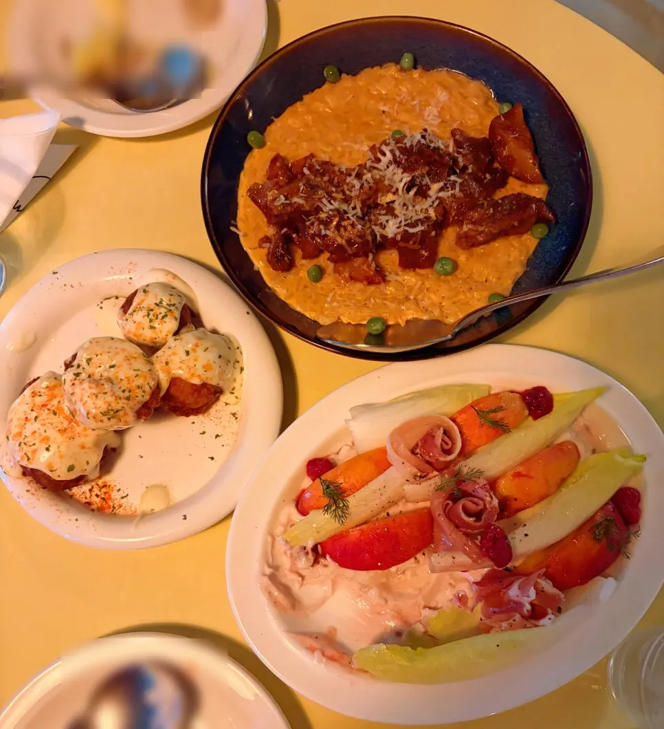 Evening spread including the jokbal rosé risotto