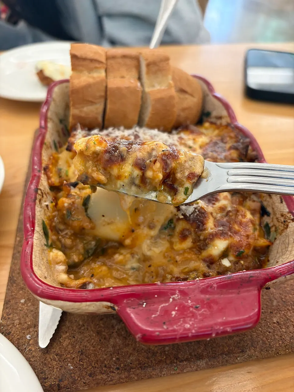 Close-up of the cheesy, saucy lasagna