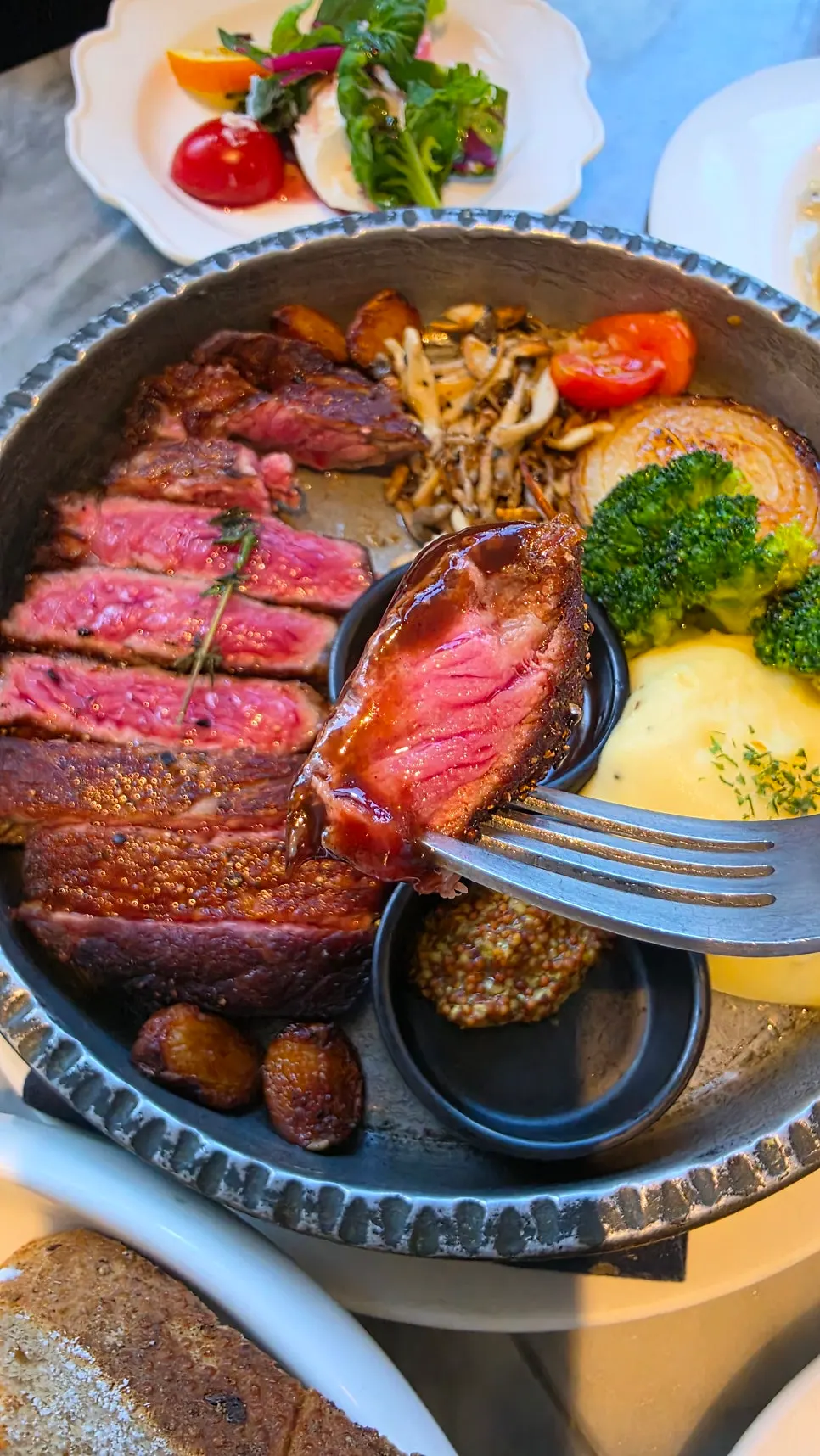 Cross-section of the medium-rare striploin steak
