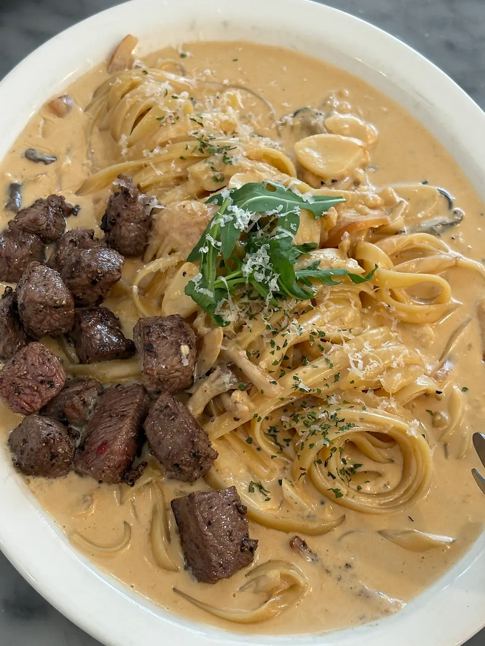 A plate of steak cream pasta