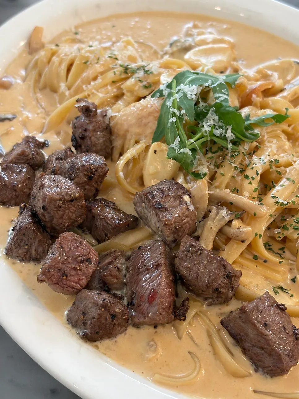 Noodles and sauce of the steak cream pasta