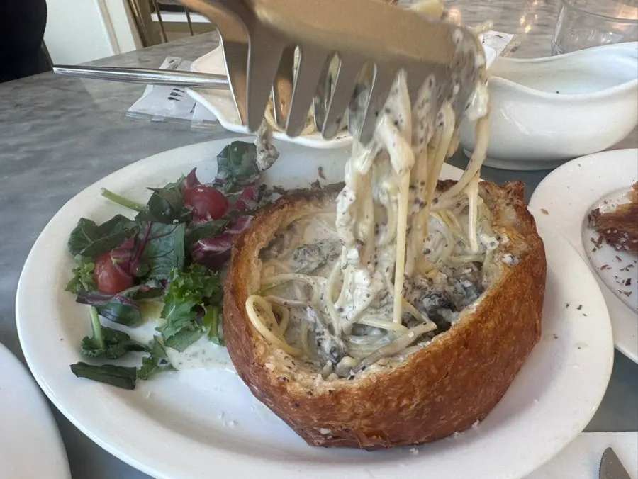 Close-up of the creamy pasta with rising truffle aroma