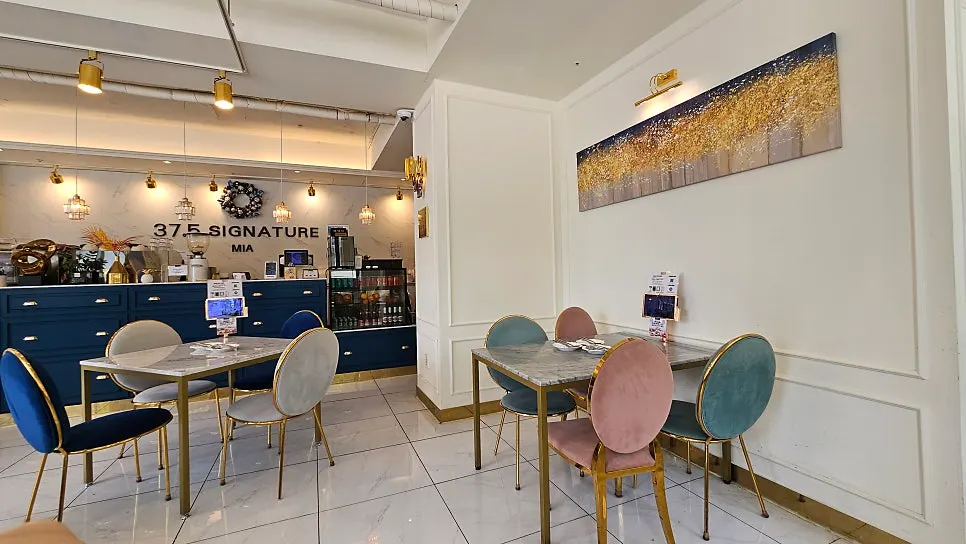 Restaurant interior with navy and gold accents