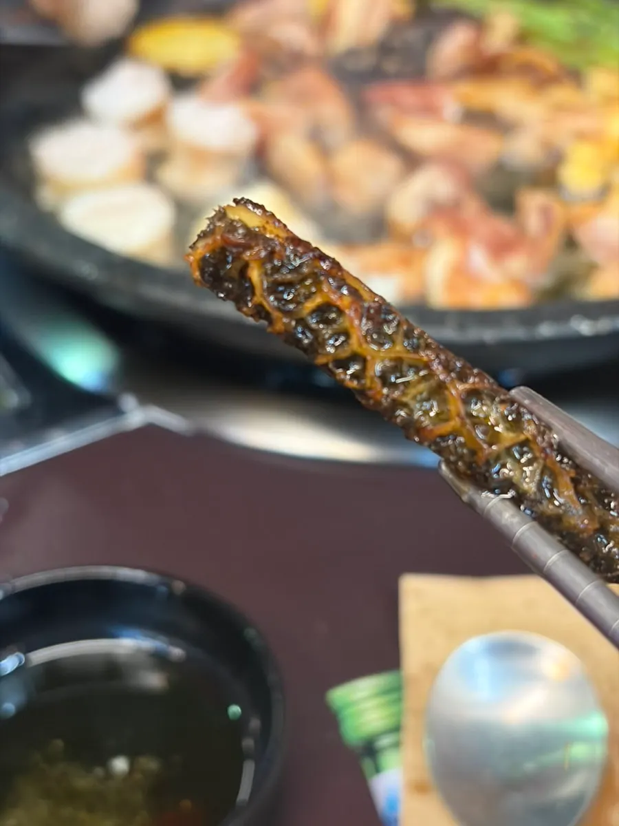 Cross-section of gopchang packed with fat