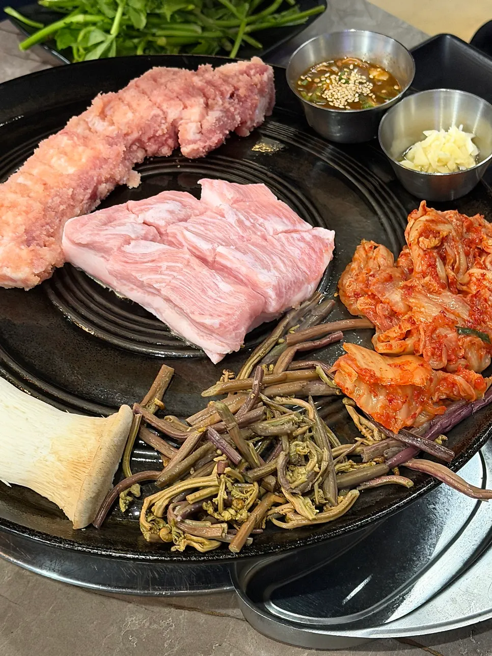 Domestic Korean pork belly on the grill