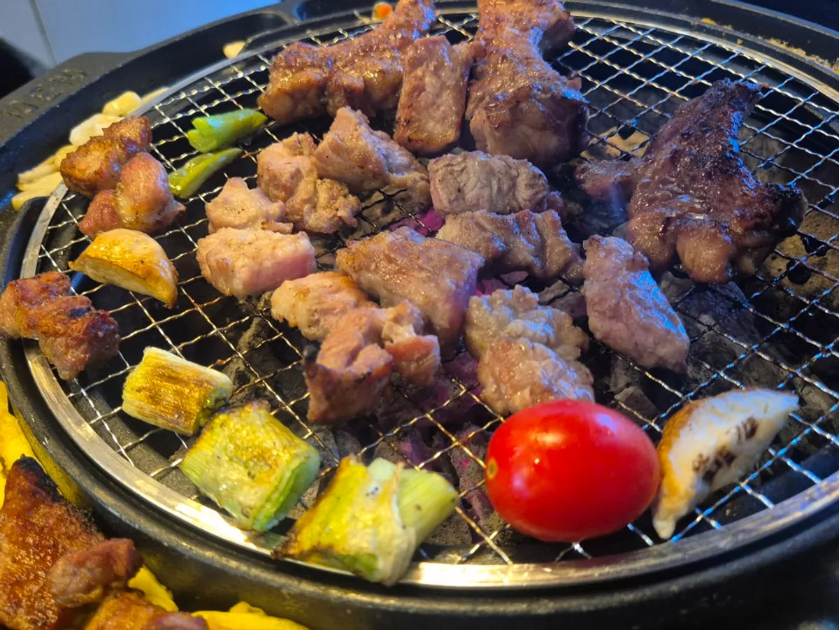 Golden-brown grilled pork belly and pork neck