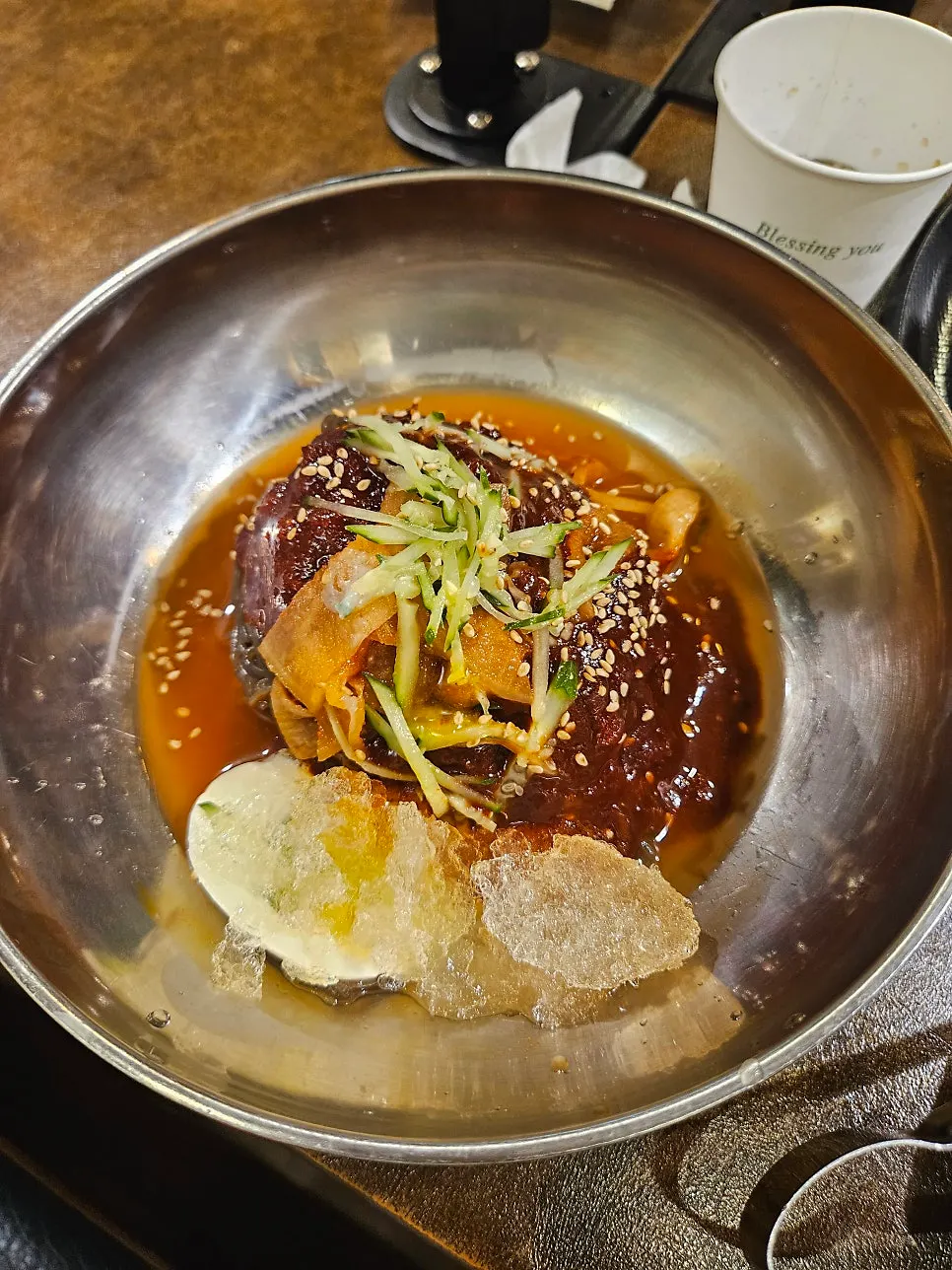 Naengmyeon and doenjang jjigae side spread