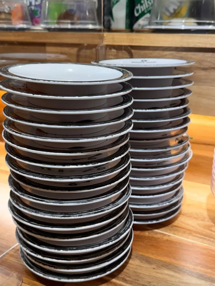 Stack of empty sushi plates after the two of us finished eating