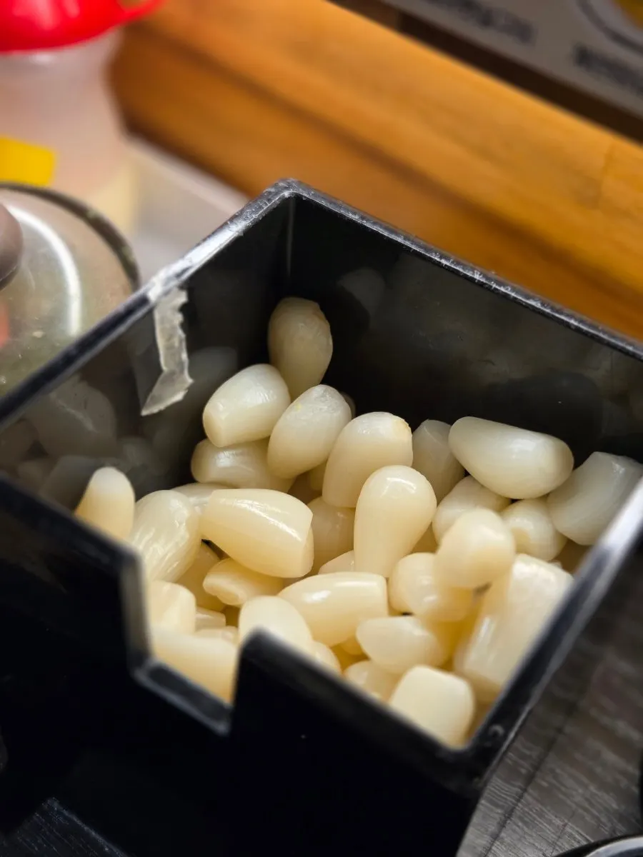 Rakkyo pickled shallots and sauces on the table
