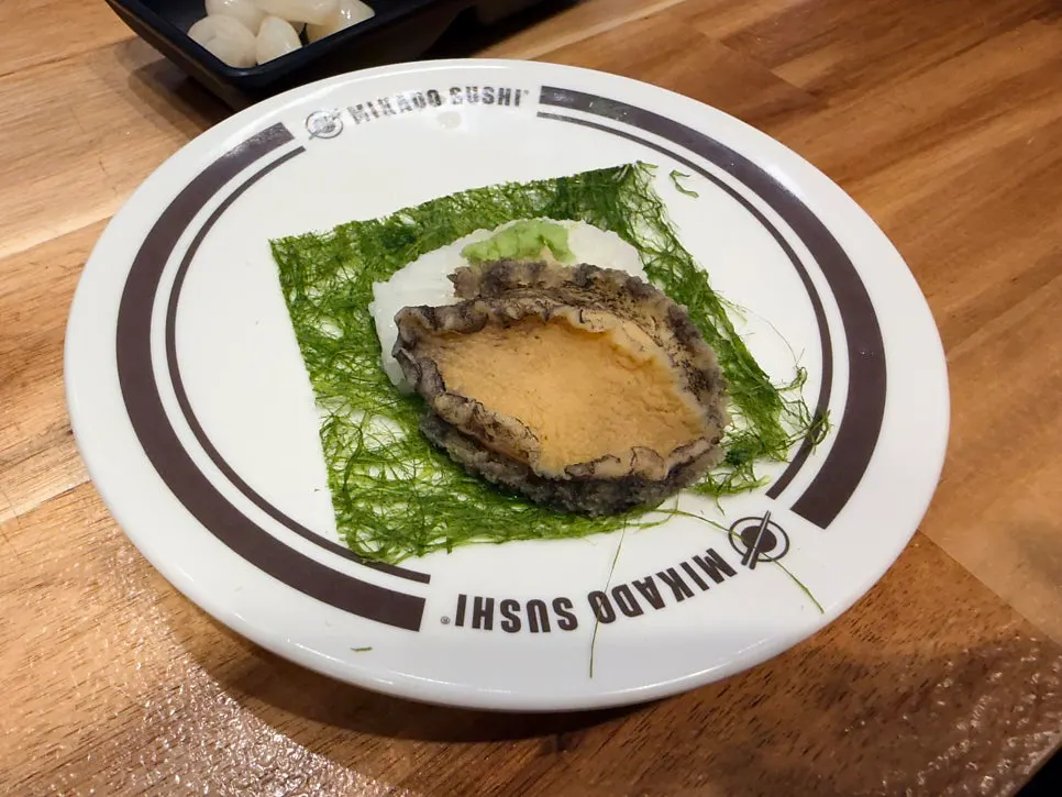 A plate of abalone sushi at Mikado Sushi