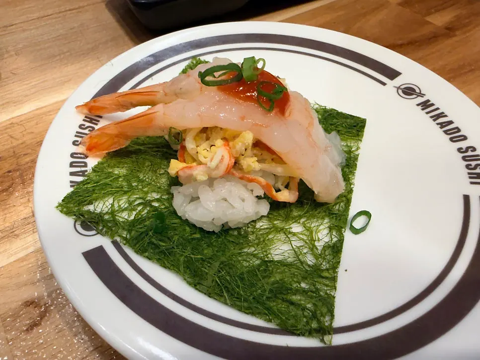 A plate of sweet shrimp crab sushi