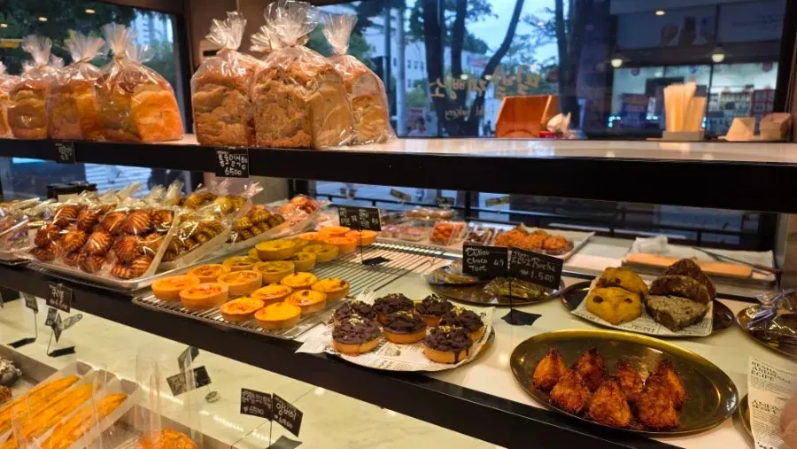 Tray of bread picked at Milbat Bakery Pyeongchon