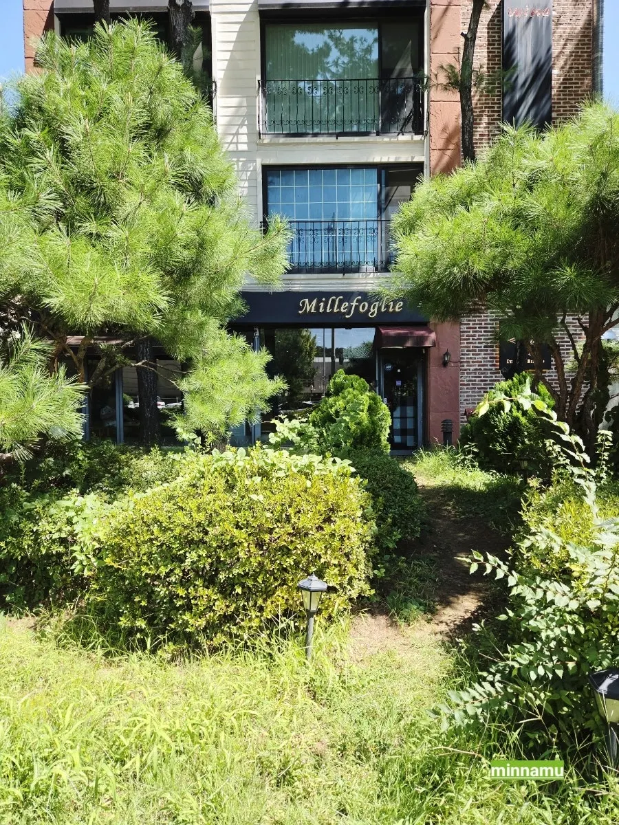Millepollie's back entrance surrounded by greenery