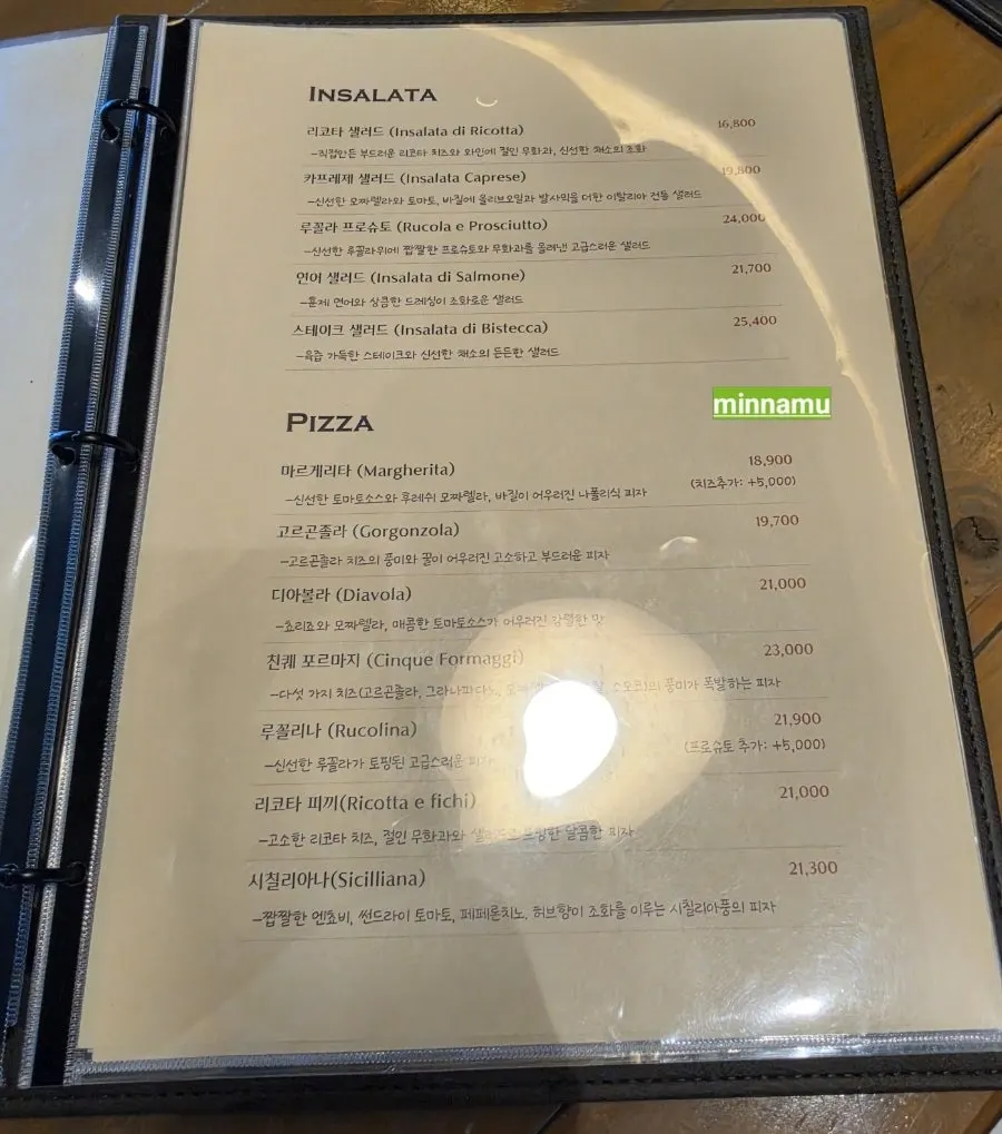 Millepollie's menu listing pasta and pizza prices