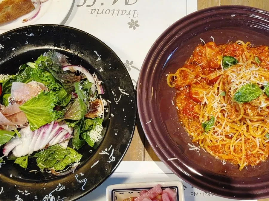 Salad and pasta served together