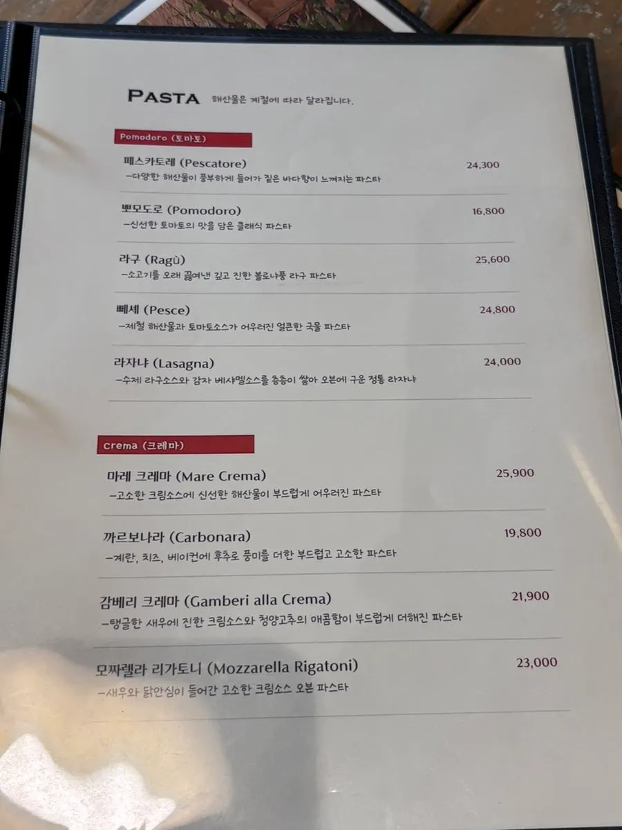 Menu page with wine list